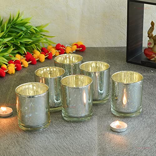 Image of TIED RIBBONS Pack of 6 Votive Glass Tealight Candle Holders Glass Votives (Big, Silver) - Decorations Items for Home Decor Dining Table Gifts - Decorations Items for Home Office Gifts