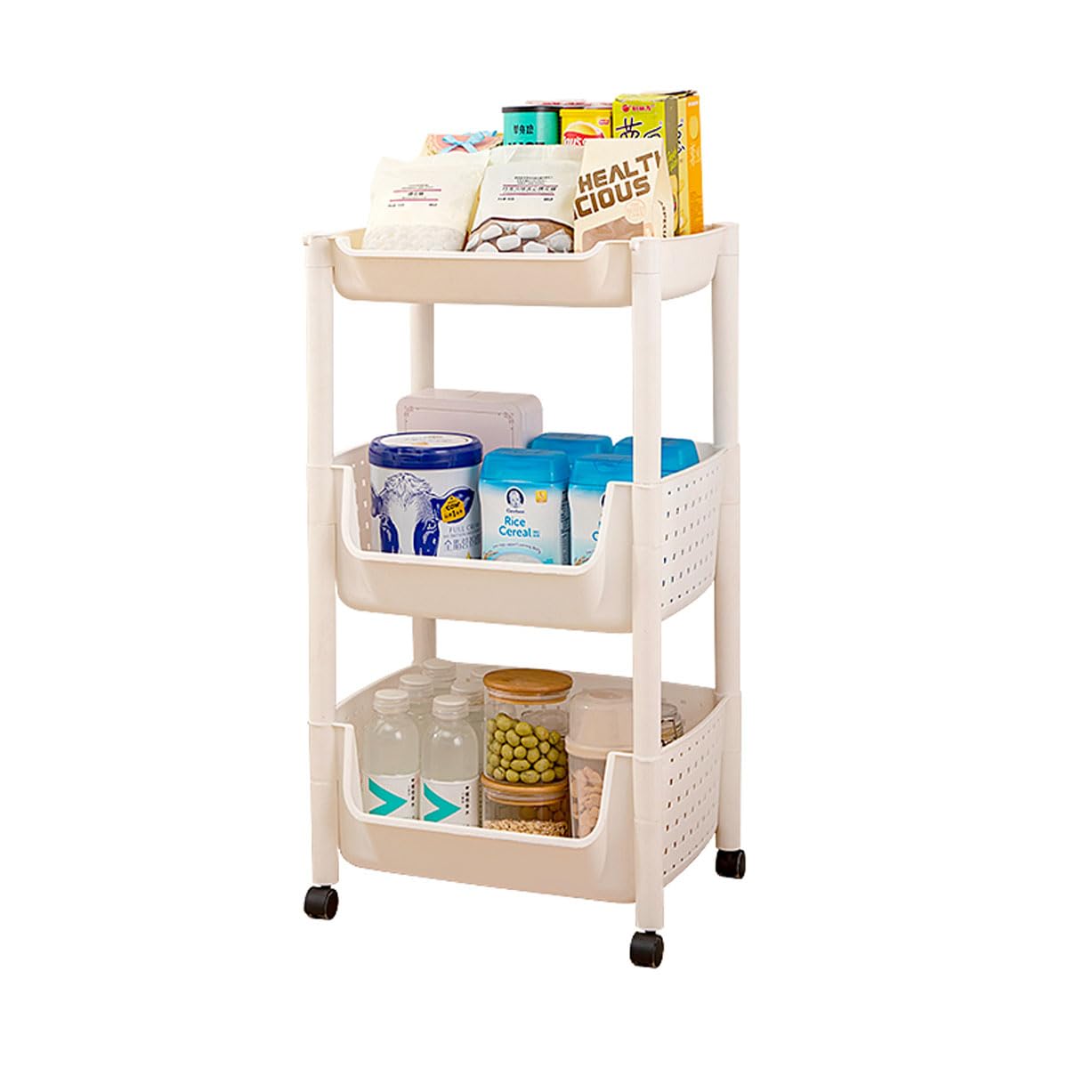 L0KP3TS Storage Shelf bathroom storage shelves Plastic Toys Storage Organizer Rolling Utility Cart Storage Trolley with Wheels Easy Assembly for Bathroom Livingroom Office (White) (5325-3)