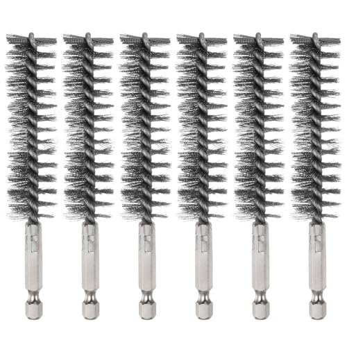 sourcing map 6Pcs 304 Stainless Steel Bore Brush 20mm Dia 4.5" Long Cleaning Twisted Wire Brush with Handle 1/4" Hex Shank for Tubes Ports Bearings, Silver