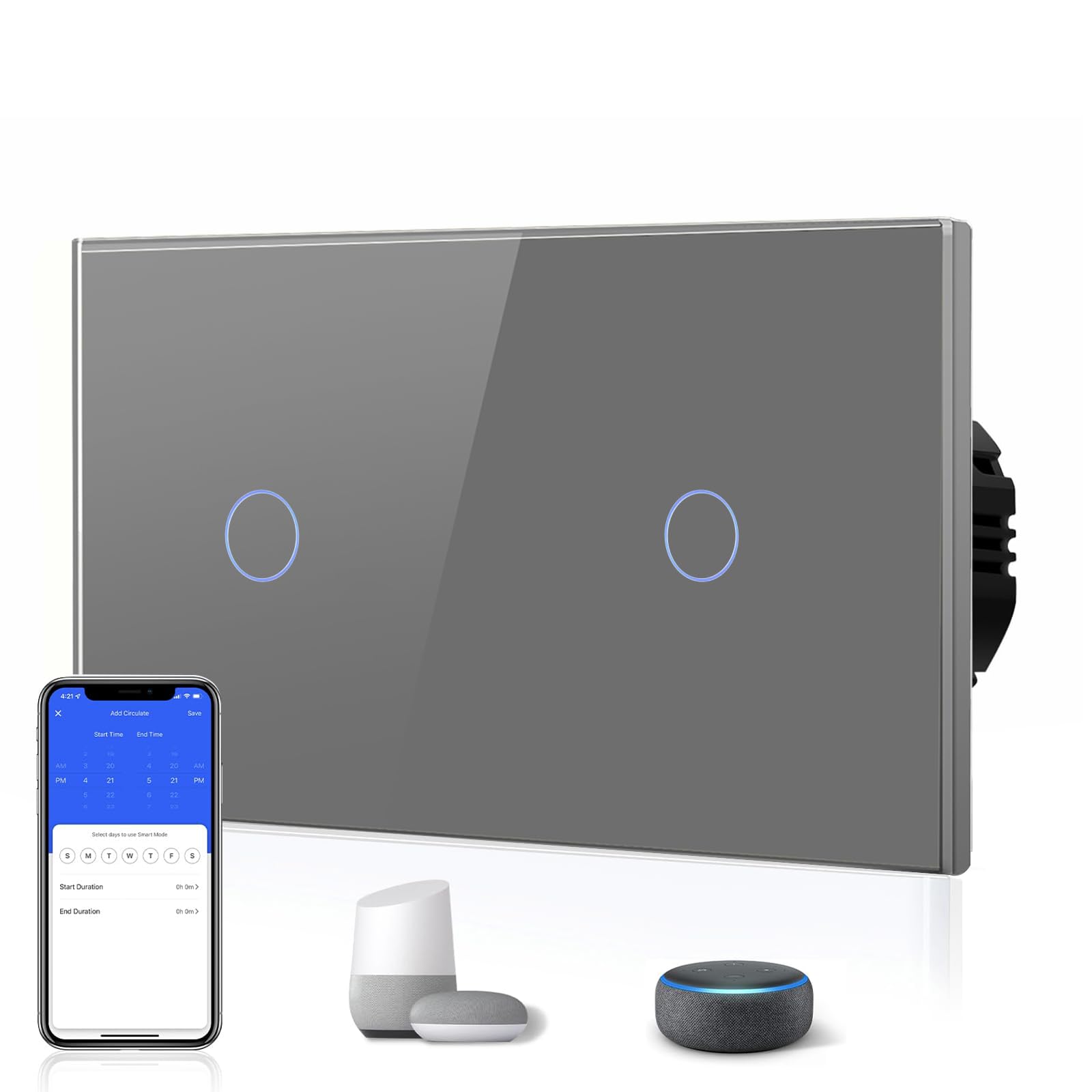 BSEED Doppelschalter Smart Alexa Lichtschalter aus Glas, WiFi Touch Wandschalter 1 Fach 1 Weg (Neutralleiter Erforderlich), Alexa/Tuya/Google Home-kompatible 157mm * 86mm Grau