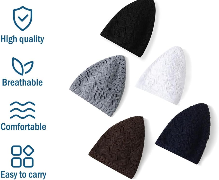 5Pcs Men's Muslim Kufi Hat - Cotton Islam Prayer Cap, Muslim Crochet Hat, Islamic Gift for Ramadan - Image 3