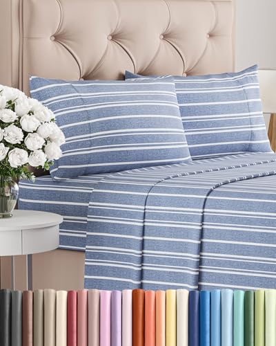 Image of Twin 4 Piece Bed Sheet Set - Breathable & Cooling Sheets - Blue Stripes | Ultra Soft Hotel Luxury Bedding Set with 8-16 Inch Deep Pockets, 1 Flat & 1 Fitted Sheet & 2 Pillowcases, Wrinkle & Fade Free