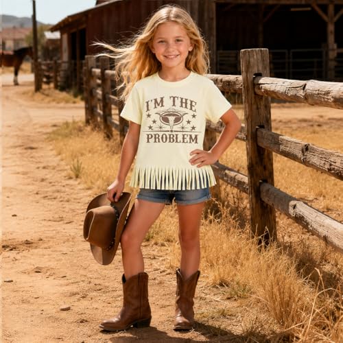Image of Girls Western Shirt Toddler Tassels Cowgirl T-Shirt Im The Problem Country Concert Shirts Summer Short Sleeve Top