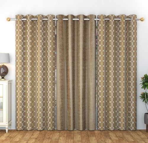 Image of Home Decor Check Designer Window Curtains 5 feet Set of 3 for Drawing Room /Living Room /Hall Room Parde for Door, Brown