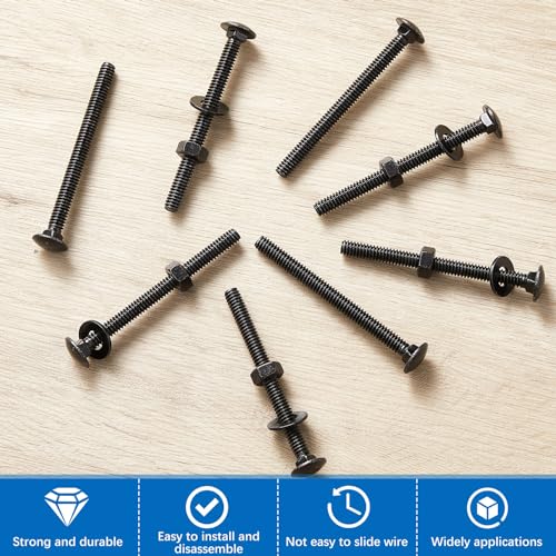 Image of Zonon 25 Sets 1 /4-20 x 3 Stainless Steel Carriage Bolts and Nuts Kit Round Head Square Neck Carriage Bolts Screws and Hex Nuts and Flat Washers, Stainless 18-8 Full Thread Coverage (Black