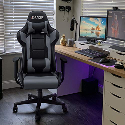 Homall Gaming Chair, Office Chair High Back Computer Chair Leather Desk Chair Racing Executive Ergonomic Adjustable Swivel Task Chair with Headrest and Lumbar Support (Grey)