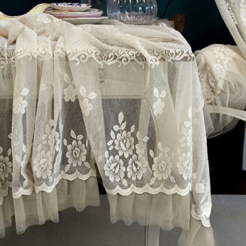 Mantel de Mesa Bordado Poliéster, Mantel de Encaje con Volantes en Tul, Cubierta de Tabla Romántico Rústico Shabby Chic - Bordado Floral - 160x280 - Marfil Cover