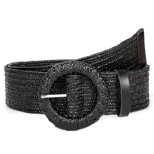 Image of Straw Woven Elastic Belt for Women Stretchy Belts for Dress Fashion Boho Waist Belt Rattan Raffia Ladies Belts