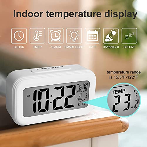 Hiseeyo Upgraded Digital Alarm Clock, 4.3 Inch LED Display with Temperature, Larger Lound Light Control, Portable Snooze Calendar, Brightness with Battery-Operated Alarm Clock, Bedside Table (White)