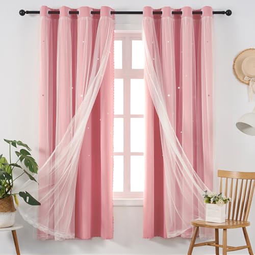 Image of Pink Blackout Curtains for Girls Room 84 Inches Long Cute Star Cutout Decor | Nursery Curtains & Drapes Double Layer Room Darkening Tulle Lace 2 Panel Kids Baby Thermal Bedroom Window Treatments Cortinas