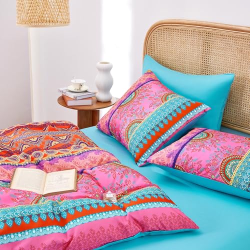 Image of Wake In Cloud - Boho Comforter Set, Bohemian Chic Colorful Medallion with Geometric Botanical Flowers and Horizontal Stripes, Soft Lightweight Bedding, 3 Pieces, Pink Teal, Queen Size