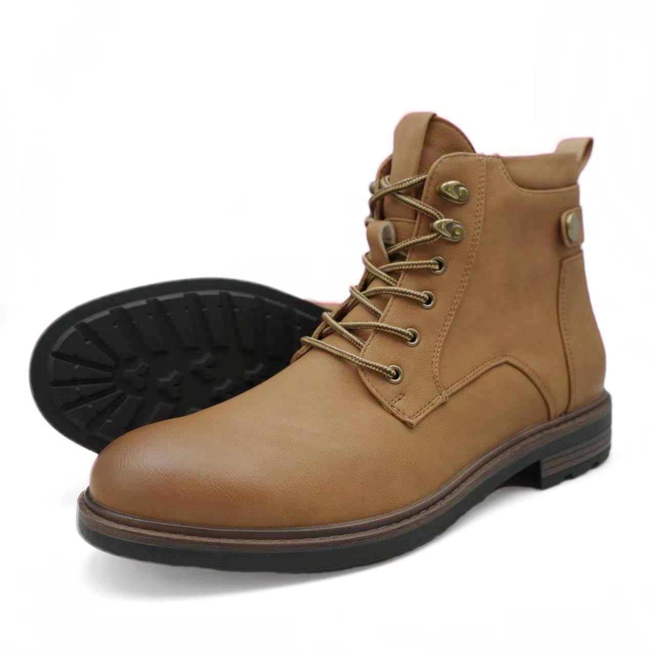 Finishing & Sewing Stivali da combattimento classici con lacci, in pelle marrone chiaro, stivali da lavoro in stile militare con occhielli in metallo, suola in gomma resistente