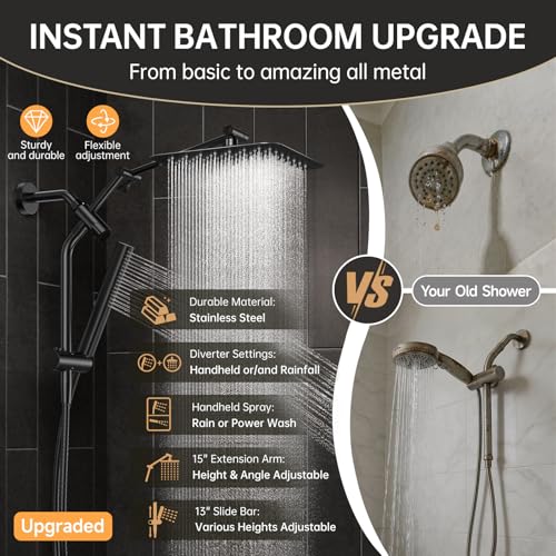 Image of Veken All Metal 10 inch Black Shower Head with Handheld, Luxurious Square Double Rain Shower Heads with Spray Combo, Dual High Pressure Detachable Rainfall Showerhead with Arm,Bathroom Upgrade,Matte Black