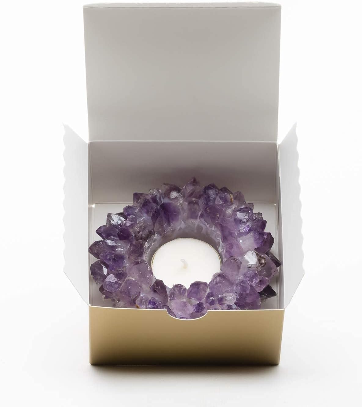 Natural Meditation Amethyst Cluster with Crystal Points - Handmade Chakra Tea Light Candle Holder - Decorative Peaceful, Higher Love Energy, Fits Tea Light Candle …