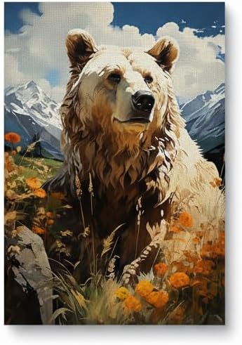 Grizzly Bear Wall Art Decor, Grey Bear Mama and Cubs Framed Pictures Woodland Animal Poster Snowy Winter Canvas Prints for Baby Kids Room Nursery