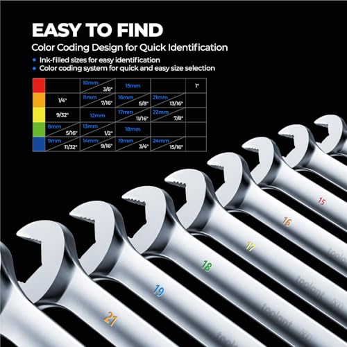 Image of toolant Max Grip 15pcs Professional Metric Combination Wrench Set with Long Pattern Offset Heads Anti-Slip Teeth & Color-Coded Markings for Machinist, Auto, maintenance, DIYer