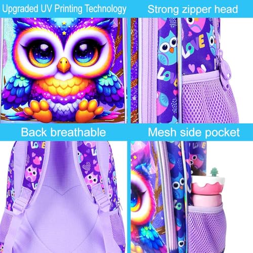 Image of CCJPX 3PCS Kids Backpack for Girls, 16 inchOwl Bookbag with Lunch Box, Cute Water Resistant Elementary School Bag for Kindergarten Preschool Toddler