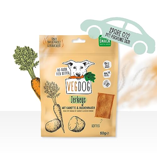 VEGDOG Jerkeys hypoallergener Snack für Hunde (9 x 80 g) | leckeres Aroma mit Buchenholz Rauch | Belohnungssnack für Allergiker mit Karotte und Gemüse