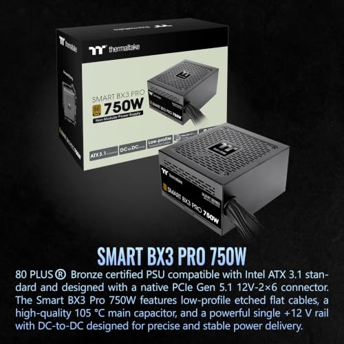 Image of Thermaltake Smart BX3 Pro 750W; ATX 3.1; Native PCIe 5.1 12V-2X6; Non-Modular; Etched Flat Cables; Dual-Color H++ Connectors; 105C Main Capacitor; 80 Plus Bronze Certified; Black; PS-SPD-0750NNFABU-7