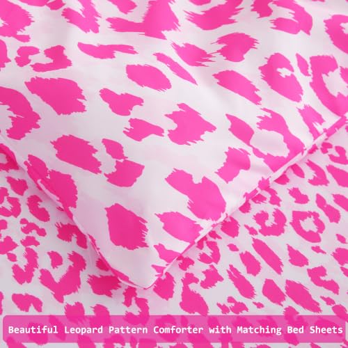 Image of lasoftan Leopard Queen Comforter Set with Sheets, 7 piece Luxury Vintage Bedding, Soft Microfiber Bed in a Bag, Cozy Lightweight Bed Set, Hot Pink Cheetah Print