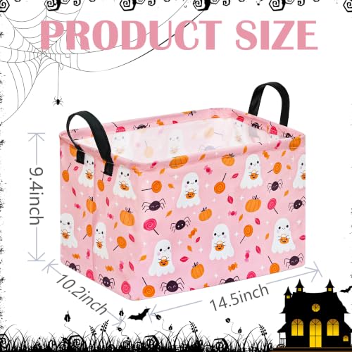 Image of Halloween Storage Basket Home Shelf Basket Rectangle Organizer Box Clothes Laundry Hamper Nursery Bin Gift Laundry Basket with Handles(Pink Cute Ghost Pumpkin)