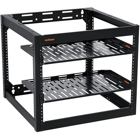 ECHOGEAR 10U Network Rack - Wall Mountable Heavy Duty 4 Post Design Holds All Your Networking & AV Gear - Open Frame Design Includes 2 1U Vented Shelves & Mounting Hardware Cover