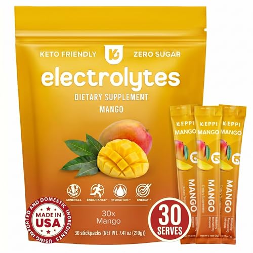 Image of Keppi Electrolytes Powder Packets - Mango Flavor 30 Servings - No Sugar Hydration Supplement with Potassium, Magnesium, Sodium - Keto, Vegan, Fasting-Friendly, Zero Calorie Hydration Packets