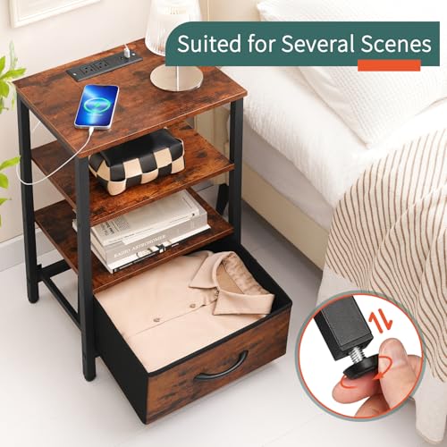 Image of Yoobure End Table with Storage, LED Nightstand with Charging Station, Side Tables Living Room, 3-Tier Wood Bedside Table with Adjustable Fabric Drawer, Night Stand for Bedroom, Brown