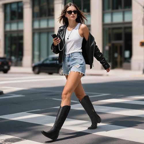 Image of Pasuot Western Cowboy Boots for Women - Knee High Wide Calf Cowgirl Boots, Slip On Pointed Toe Chunky Heel Fashion Retro Classic Pull On Tall Boot for ladies Party concert