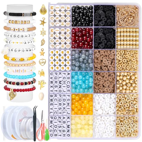 TsMADDTs Bracelet Making Kit, Friendship Bracelet Kit with Clay Beads, Glass and Letter Beads with Golden Pendant and Elastic Strings for DIY Crafts Necklace Jewelry Making, Gifts for Women