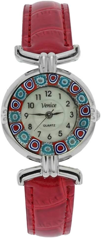 Glass Of Venice Murano Glass Millefiori Watch with Leather Band - Red