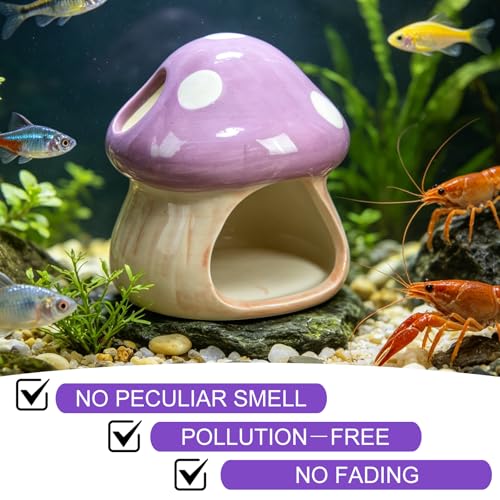 Image of Cute Aquarium Mushroom House Betta Fish Tank Accessory Decor Mini Ceramic Fish Hideout Shrimp Cave Ornament (Purple)