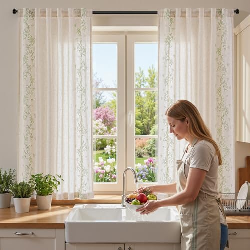Image of jinchan Floral Linen Curtains, Back Tab 50x63 Inch, 2 Panels Sage