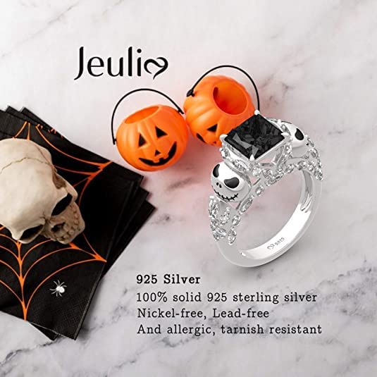 Image of Jeulia inchRomantic Soul Skull Design Princess Cut Sterling Silver Ring for Women Wife Girlfriend Engagement Wedding Anniversary Christmas Birthday With Jewelry Box