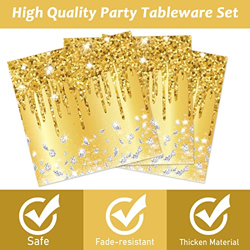 Image of 96 PCS Golden Birthday Party Decorations Tableware Set for Golden Themed Happy Birthday Supplies Diamond Gold Plates Napkins Forks for 24 Guests Men Women Anniversary Engagement Wedding Party Favors