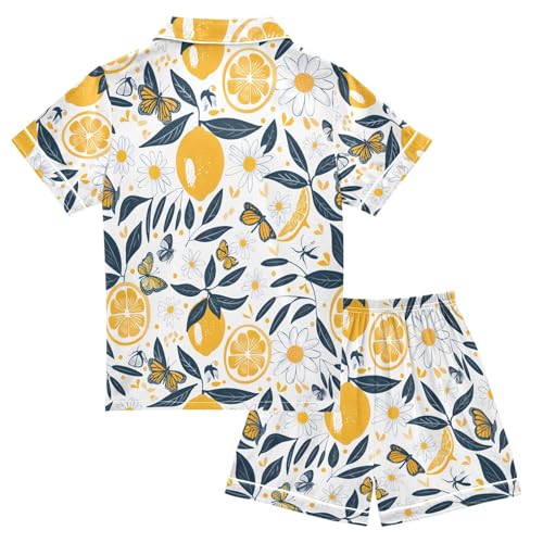 ALAZA Lemon Flower Butterfly Blossom Pajamas Satin Pajama Set Short Sleeve Button Down Sleepwear2