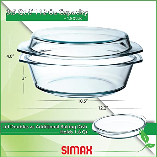 Simax Round Glass Casserole Dish, Glass Round Casserole Dish With Lid And Handles, Covered Bowl For Cooking, Baking, Serving, Microwave, Dishwasher, Oven, And Stove Safe Cookware, 3.5 Quart #TOP4