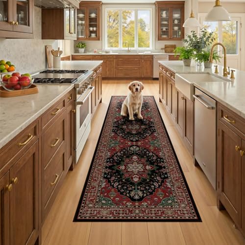 RELEANY Washable Area Rug, Runner 2'x8', Red/Black