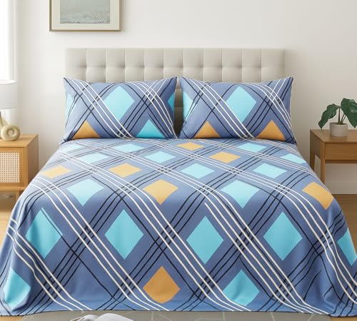 Image of VAS COLLECTIONS 220 TC 100% Cotton Kingston Collection Super King Size Bedsheets with 2 King Size Pillow Covers| Luxury Soft Sheets (3pcs Set) |108x108 inches (Blue, Sky & Yellow)