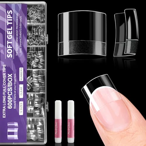 MELLIEX 600 Piezas Uñas Postizas Corto, 12 Tamaños Tips Uñas Transparentes Cobertura Media Puntas de Uñas con Pegamentos con Pegamentos para Salones Uñas, Manicuras DIY（Cuadrado）