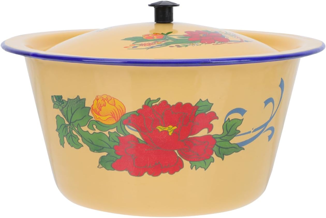 VOSAREA 1Pc Vintage Enamelware Lard Storage Pot with Lid Enamel Bowl for Cooking Serving Retro Design for Home Restaurant Use Random Pattern