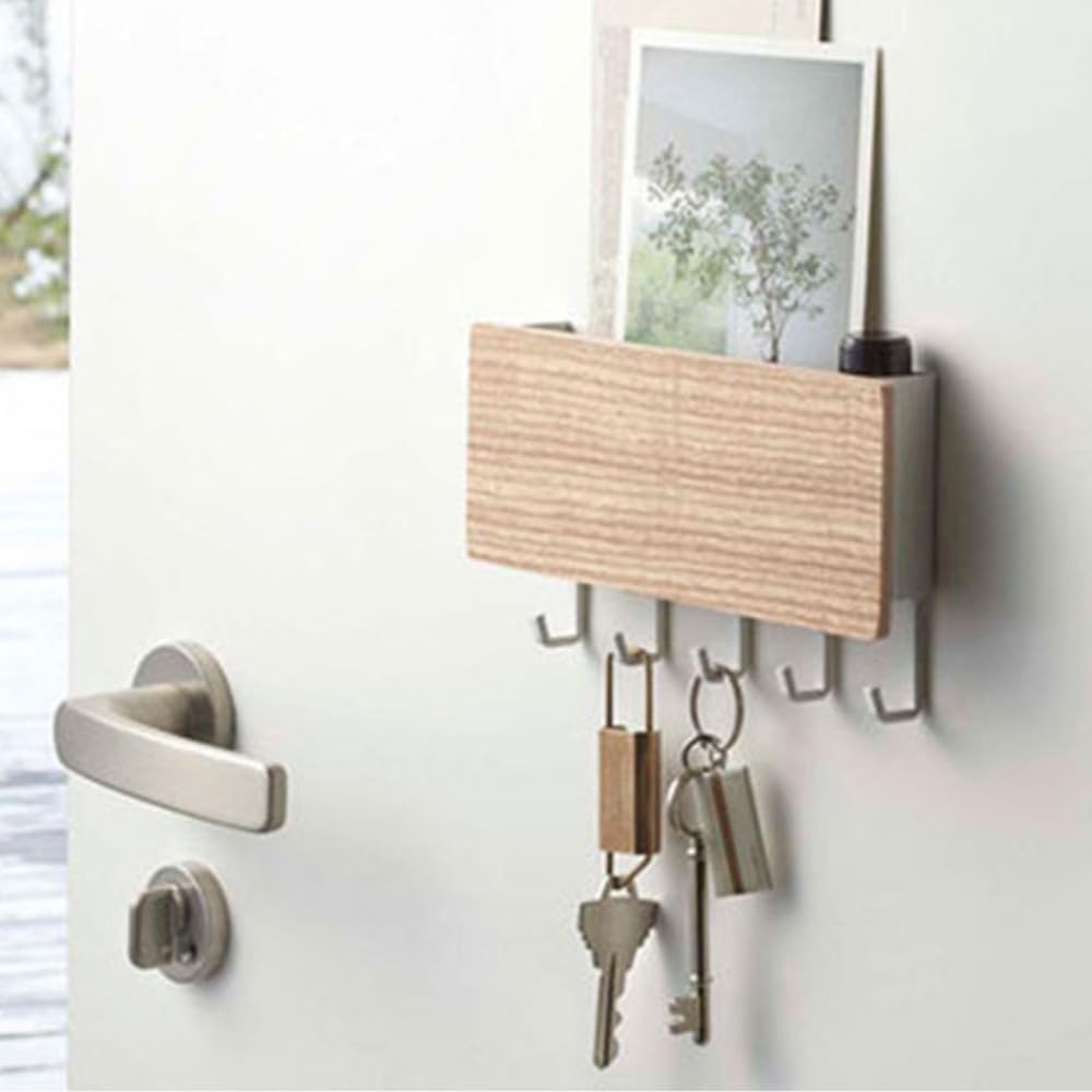 Wooden Carbon Steel 5 Hooks Key Storage Rack Multifunctional Hallway Wall Mount Key Holder for Home Decor(White)