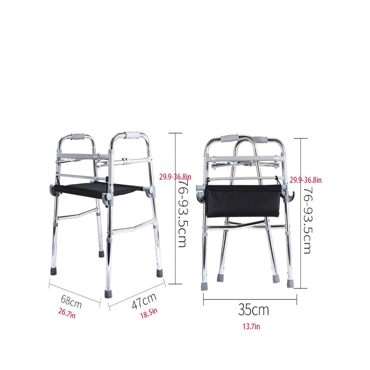 Andador plegable multifuncional de dos botones con cojín de tela Oxford aleación de aluminio sin ruedas andadores estándar para personas mayores