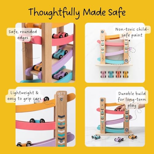 Image of Wooden Ramp Racer Car Toy for Kids (2-5 Years), 4-Level Zig Zag Racing Track with 4 Sliding Cars | Builds Motor Skills & Cause-Effect Learning | Educational Gift for Kids