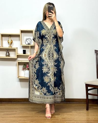 Image of NAIADES Women's Kaftan Dress - Bohemian Printed V-Neck Long Maxi Caftan with Loose Fit & Elegant Design (Kaftan-Kurti)