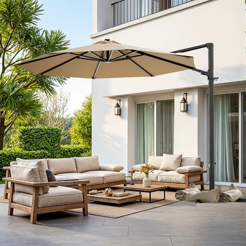 Image of Greesum 10FT Outdoor Patio Umbrella with High Pedel and 4 Gear Heights, Large Offset Market Umbrella with 360-degree Rotation, Without Base, Hanging Outdoor Shade for Garden, Lawn, Pool, Brown