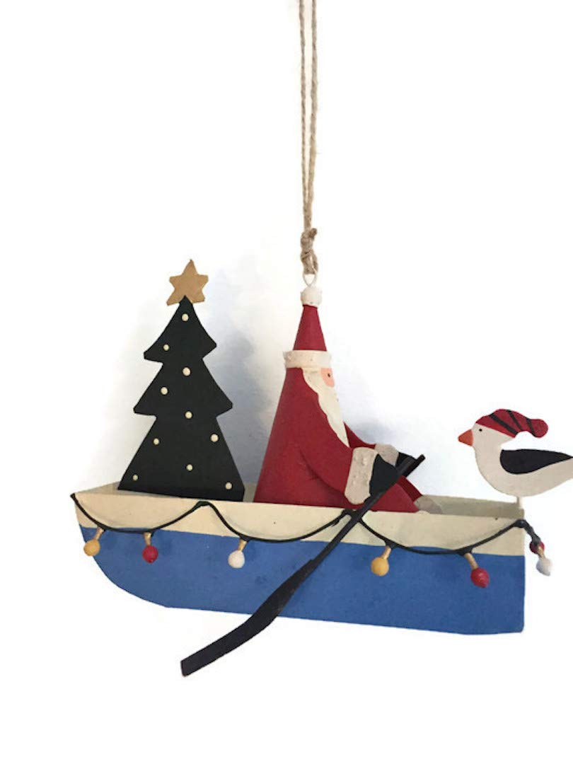 Shoeless Joe Metal Santa in Boat Hanging Christmas Tree Decoration with Twine