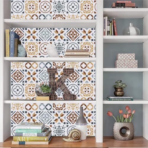 Image of Moroccan Tile Stickers | Waterproof Self Adhesive Peel & Stick Tile Decals for Kitchen Backsplash, Bathroom Wall, Floor, Furniture & Glass (8x8 Inch, Design 10, 36 Pic)