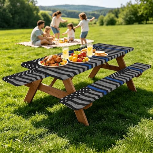 Mantel de línea azul delgada con fundas de banco para mesas de picnic en camping 7