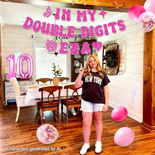 Image of 10th Birthday Decorations Pink In My Double Digits Era Banner Double Digits Birthday Happy 10th Birthday Decorations for Number 10 Balloon Girls Boys Double Digits Party Supplies